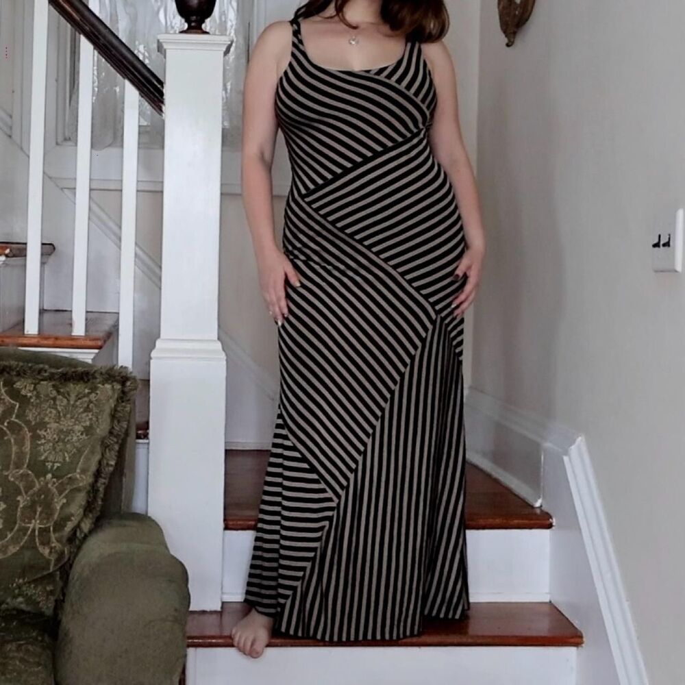 Black Tan Mixed Diagonal Stripe Maxi Dress Sz Medium AB Studio Whimsigoth Flowy